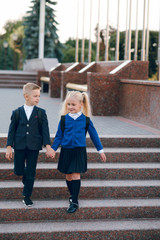 Little students go to school. Schoolchildren on background of flags of foreign countries.