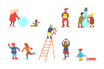 Fototapeta na wymiar Different people for new year christmas banner. Family, friends play snowballs, ice skate, hang balls on Christmas tree, carry gifts, sculpt snowmen. Set, collection