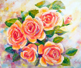 Bush of sunny roses, oil painting on canvas