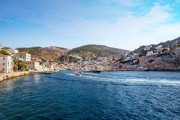 Picturesque View at the Port with water taxi Town of Hydra Island in Greece