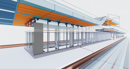 Conceptual visualization of a passenger railway platform in a modern design