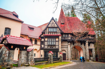 Typical houses near Peles castle in the city Sinaia, Carpathian Mountains, Romania