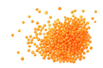 Pile lentil isolated on white background. Top view.