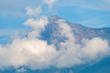  Panoramic view of crater volcan active in Guatemala called Fuego, active volcanic chain, destruction and natural catastrophe