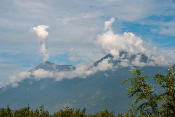  Panoramic view of crater volcan active in Guatemala called Fuego, active volcanic chain, destruction and natural catastrophe