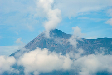  Panoramic view of crater volcan active in Guatemala called Fuego, active volcanic chain, destruction and natural catastrophe