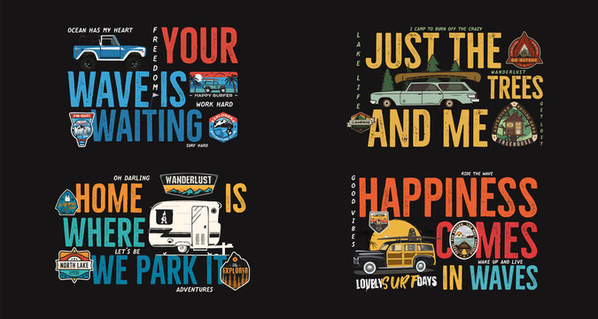 Camping badges designs set. Outdoor adventure logos with different quotes for t shirt. Included retro camper van trailer, surfing and wanderlust patches. Unusual hipster style. Stock vector