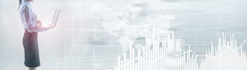 Fototapeta na wymiar Future Financial Technology Interface. Graph Stock Market chart. World map on virtual screen. Website Banner.