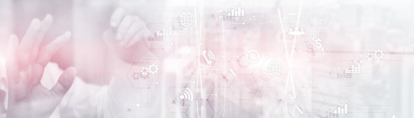 Diagrams and icons on hologram screen. Mixed Media Website Business Horizontal Background