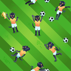 Seamless pattern of soccer field background and panther girls as players in uniform with balls and goblets