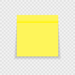 Yellow sticky note isolated on transparent background. Template for your projects. Vector illustration.