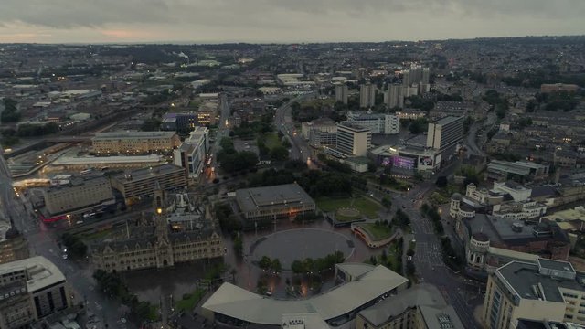 Drone Aerial Flying over Bradford City Park at sunrise