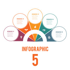 Fototapeta premium Elements of Infographics Conceptual Cyclic Processes Possible to Use for Workflow, Banner, Diagram, Web design, Timeline, Area chart,Number options. Colorful semicircle and circles for 5 Positions.