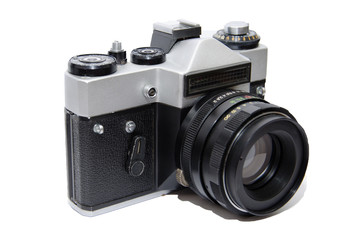 Old rangefinder camera on white background. Vintage style