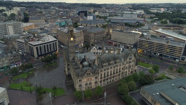 Drone Aerial View of Bradford Town Hall in City Centre