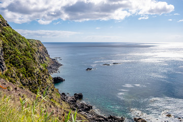 Amazing landscape view to volcanic coastline near ocean hot springs natural pool of Ferraria (Piscina da Ponta da Ferraria), São Miguel Island, Azores, Portugal