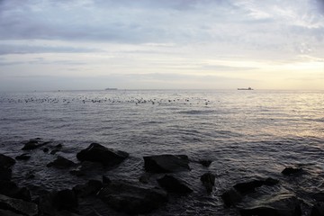 Obraz premium Vessels waiting near the coastline to move.