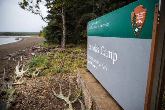 September 1, 2019 - Katmai, Alaska: Sign on the beach for Brooks Camp in Katmai National Park, Alaska