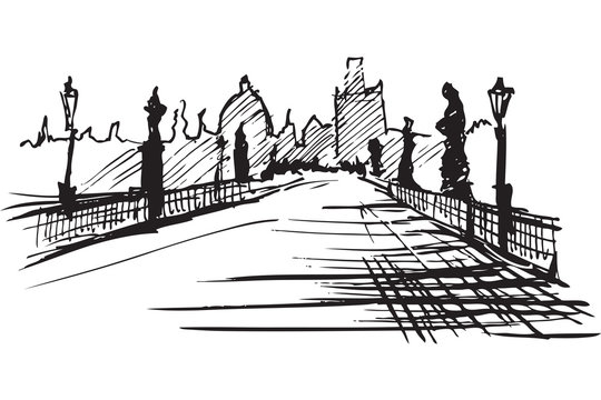 Rysynek ręcznie rysowany.  Most Karola w Pradze w Czechach
