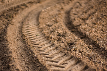 Traces of car tires on the road , car footprints in the sand.