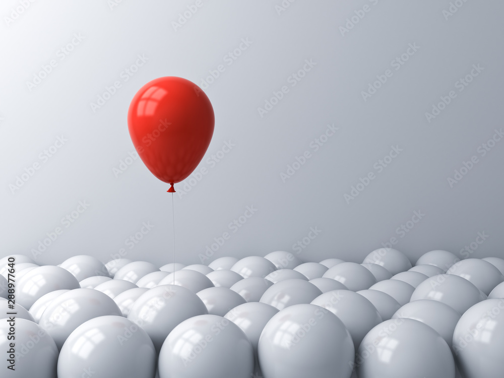 Fototapete One red balloon pop out from the white balloons Stand out from the crowd different concept or think outside the box creative idea concept 3D rendering