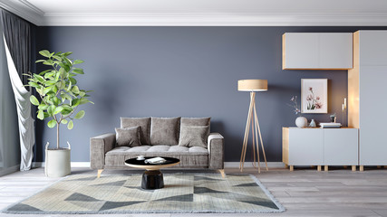 Large luxury modern bright interior room 3d illustration