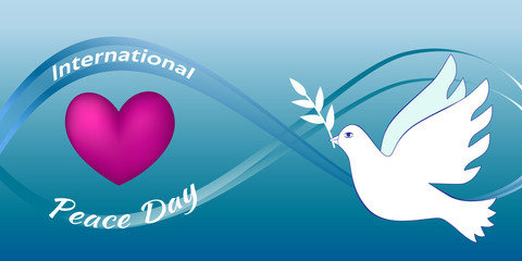 International Peace Day illustration. A dove of peace flies against a blue ribbons to the pink heart. Vector illustration