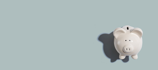 A white piggy bank overhead view flat lay