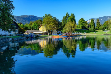 Fototapeta premium Beautiful view of the shore of Lake Bled with colorful reflection.