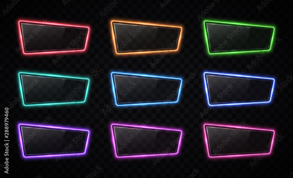 Poster colorful neon frame set with glossy plastic plate on dark transparent background. rectangle shape. e