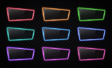Colorful neon frame set with glossy plastic plate on dark transparent background. Rectangle shape. Electric line led lamp sign with blank text space. Design element template Bright vector illustration