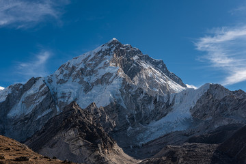 Receding glaciers on a mountain peak in the Himalayan mountains of Nepal