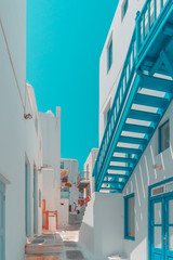 Mykonos Town Narrow Streets with Traditional White Houses and Colourful Railings. Cyclades, Greece.
