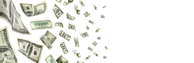 Hundred dollar bill. Falling money isolated background. American