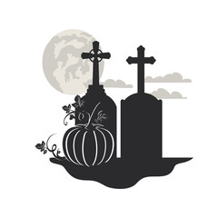 tombstone with pumpkin on white background