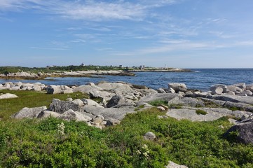 Landscape view of the picturesque Peggy&rsquo;s Cove fishing village on the ocean shore outside of Halifax, capital of the Canadian province of Nova Scotia, in St Margaret&rsquo;s Bay