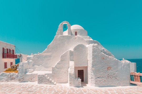 Panagia Paraportiani Church in Mykonos Town. Mykonos island, Cyclades, Greece. A beautiful old white chapel.