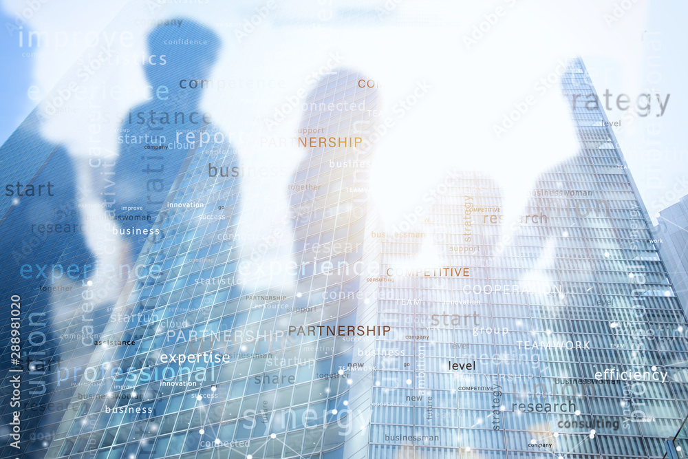 Poster internet network background with most important business terms. double exposure