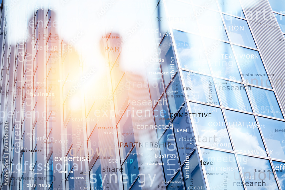 Poster internet network background with most important business terms. double exposure