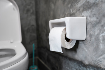 White hanging toilet seat on white toilet in the home bathroom with grey tiles in concrete style and toilet paper on the wall. Bathroom luxury interior.