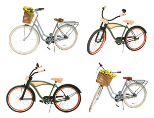 Collage of different bicycles on white background