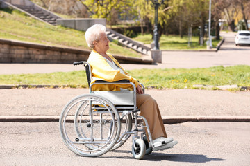 Senior woman in wheelchair at park on sunny day