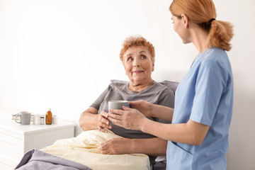 Nurse giving cup of tea to elderly woman indoors. Medical assistance