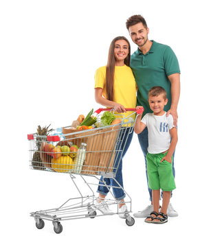 Happy Family With Full Shopping Cart On White Background