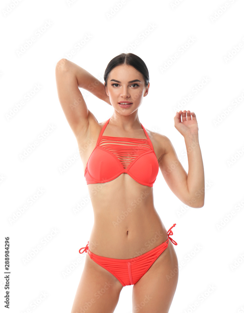 Poster beautiful young woman in stylish bikini on white background