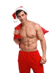 Sexy shirtless Santa Claus on white background