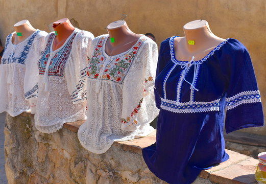 The traditional Romanian blouse is made by hand out of fine linen or cotton threads and was a mandatory garment in every household throughout the country. Rasnov, Brasov country, Transylvania, Romania