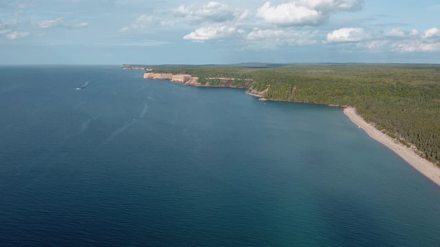 Aerial wide angle view of colorful cliffs in Pictured Rocks National Lakeshore, Michigan