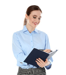 Portrait of young female teacher on white background