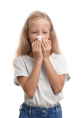 Little girl suffering from allergy on white background